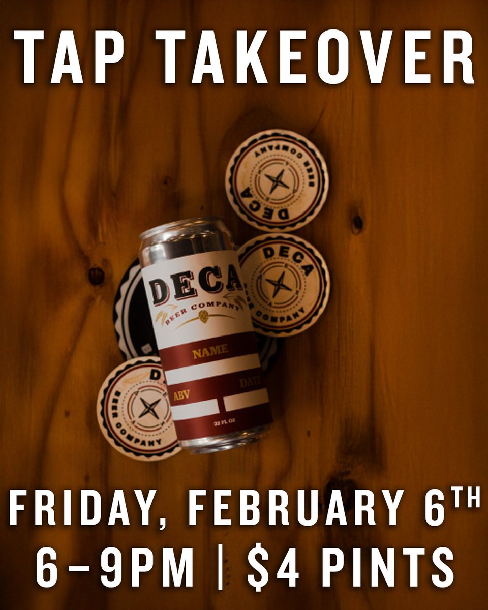 Welcome to the first Friday of every month at The Kitchen when we invite a local brewery to come out and take over every tap on our draft. Join us and Deca Beer Company this Friday, 2/6/26, from 6pm to 9pm for $4 drafts, stories, and swag. See you there!