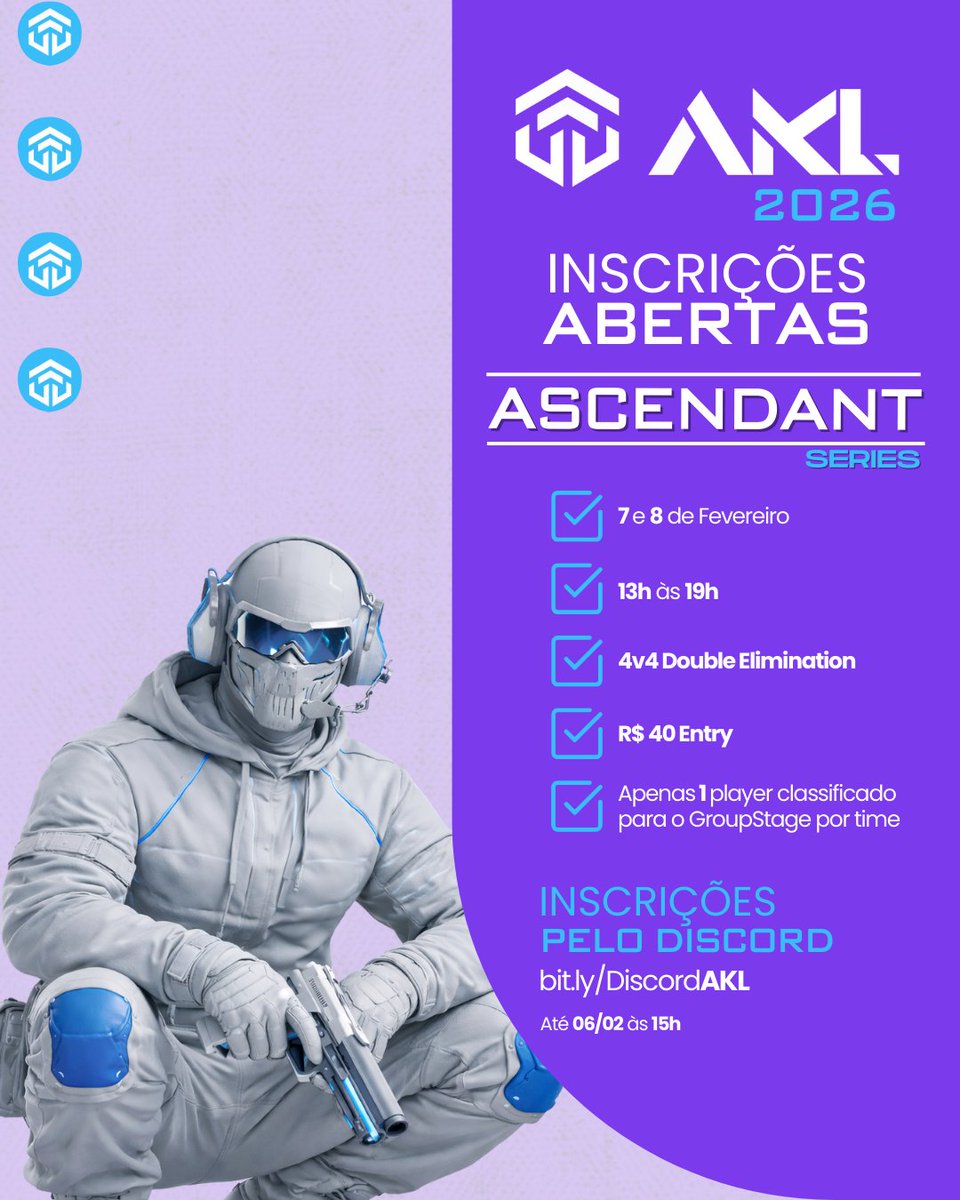 AKL_Torneios's tweet photo. ASCENDANT SERIES #1 (AKL 2026)
Weekend Cup em Double Elimination.

📅 07 e 08 Fev | 13h às 19h
🎮 4v4 | Double Elim
💰 R$ 40 por time
🏆 100% das inscrições viram premiação (mín. 4 times)
⚠️ Máx. 1 player classificado pro Group Stage por time

Inscrições abertas no Discord. https://t.co/pmQaPv70L8