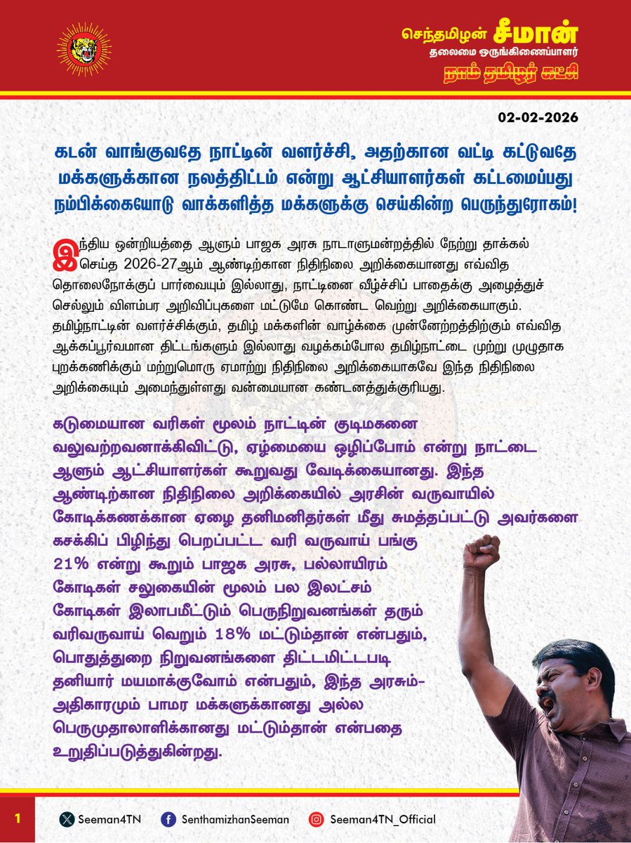 Seeman4TN's tweet photo. கடன் வாங்குவதே நாட்டின் வளர்ச்சி, அதற்கான வட்டி கட்டுவதே மக்களுக்கான நலத்திட்டம் என்று ஆட்சியாளர்கள் கட்டமைப்பது நம்பிக்கையோடு வாக்களித்த மக்களுக்கு செய்கின்ற பெருந்துரோகம்!

இந்திய ஒன்றியத்தை ஆளும் பாஜக அரசு நாடாளுமன்றத்தில் நேற்று தாக்கல் செய்த 2026-27ஆம் ஆண்டிற்கான நிதிநிலை அறிக்கையானது எவ்வித தொலைநோக்குப் பார்வையும் இல்லாது, நாட்டினை வீழ்ச்சிப் பாதைக்கு அழைத்துச் செல்லும் விளம்பர அறிவிப்புகளை மட்டுமே கொண்ட வெற்று அறிக்கையாகும். தமிழ்நாட்டின் வளர்ச்சிக்கும், தமிழ் மக்களின் வாழ்க்கை முன்னேற்றத்திற்கும் எவ்வித ஆக்கப்பூர்வமான திட்டங்களும் இல்லாது வழக்கம்போல தமிழ்நாட்டை முற்று முழுதாக புறக்கணிக்கும் மற்றுமொரு ஏமாற்று நிதிநிலை அறிக்கையாகவே இந்த நிதிநிலை அறிக்கையும் அமைந்துள்ளது வன்மையான கண்டனத்துக்குரியது. 

கடுமையான வரிகள் மூலம் நாட்டின் குடிமகனை வலுவற்றவனாக்கிவிட்டு, 'ஏழ்மையை ஒழிப்போம்' என்று நாட்டை ஆளும் ஆட்சியாளர்கள் கூறுவது வேடிக்கையானது. இந்த ஆண்டிற்கான நிதிநிலை அறிக்கையில், அரசின் வருவாயில் கோடிக்கணக்கான ஏழை தனிமனிதர்களை கசக்கிப் பிழிந்து பெறப்பட்ட வரி வருவாய் பங்கு 21% என்று கூறும் பாஜக அரசு, பல்லாயிரம் கோடிகள் சலுகையின் மூலம் பல இலட்சம் கோடிகள் இலாபமீட்டும் பெருநிறுவனங்கள் தரும் வரிவருவாய் பங்கு வெறும் 18% மட்டும்தான் என்பதும், பொதுத்துறை நிறுவனங்களை திட்டமிட்டபடி தனியார் மயமாக்குவோம் என்பதும், இந்த அரசும்-அதிகாரமும் பாமர மக்களுக்கானது அல்ல பெருமுதாலாளிக்கானது மட்டும்தான் என்பதை உறுதிப்படுத்துகின்றது.

சுற்றுச்சூழலுக்கு கேடு விளைவிக்கும் வகையில், மீள உருவாக்க முடியாத கனிம வளங்களை வெட்ட அனுமதிக்கக்கூடாது என்று நாம் தமிழர் கட்சி தொடர்ந்து போராடி வரும் நிலையில், அதனை புறந்தள்ளி கனிம வளங்களை வெட்டி எடுத்துச் செல்ல கடற்கரையை ஒட்டி புதிய நெடுஞ்சாலைகள் அமைக்கப்படும் என்று இந்த நிதிநிலை அறிக்கையில் அறிவித்துள்ளது நாட்டினை வளவேட்டையாட வழிவகுக்கும்  பெருங்கொடுமையாகும். 

நாட்டின் பாதுகாப்பிற்கும், போக்குவரத்திற்கும் தலா 6 இலட்சம் கோடிகள் (11%) அளவிற்கு நிதியை ஒதுக்கியுள்ள பாஜக அரசு, வேளாண்மைக்கு 2 விழுக்காடும், கல்வி, மருத்துவத்திற்கு் 2 விழுக்காட்டிற்கும் குறைவாகவும் நிதி ஒதுக்கீடு செய்திருப்பது, உயிர் காக்கும் வேளாண்மைக்கும், உடல் நலன் காக்கும் மருத்துவத்திற்கும், அறிவை வளர்க்கும் கல்விக்கும்  எந்த அளவு குறைவான முக்கியத்துவம் அளிக்கிறது என்பதை காட்டுகிறது. சமூக நலத்திட்டங்களுக்கு வெறும் 62 ஆயிரம் கோடியை மட்டுமே  பாஜக அரசு ஒதுக்கியுள்ளது. மக்களின் அடிப்படை தேவையான வேளாண்மை, கல்வி, மருத்துவத்தைவிட பெருமுதலாளிகளின் இலாப வேட்டையில் எவ்வித தேக்கமும் ஏற்பட்டுவிடாதபடி போக்குவரத்து சேவை செய்வதே பாஜக அரசிற்கு முதன்மையானதா? 

நாட்டின் மொத்த வருவாயில் 24 விழுக்காட்டை கடனாக வாங்கியுள்ளதாக அறிவித்துவிட்டு, மொத்த கடனுக்கு வட்டியாக 20 விழுக்காடு செலவிடுவதாக தனது நிதிநிலை அறிக்கையில் கூறும் அரசு எப்படி நல்ல அரசாக இருக்க முடியும்? இந்திய ஒன்றிய அரசு மக்கள் திட்டங்களுக்காக செலவிடும் (17%) தொகையைவிடவும், வாங்கியுள்ள மொத்த கடனுக்கு செலுத்தும் (20%) வட்டி அதிகம். இதற்குப் பெயர்தான் வளர்ச்சியா? இதற்குப் பெயர்தான் நாட்டின் முன்னேற்றமா? அலைபேசி, தொலைக்காட்சி உள்ளிட்ட ஆடம்பரப் பொருட்களுக்கு 
வரி குறைப்பு செய்துவிட்டு மக்கள் அன்றாடம் பயன்படுத்தும் உப்பு, குளம்பி தூள் (காப்பி பொடி) ஆகியவற்றின் மீதான வரியை அதிகரித்திருப்பது ஏழை மக்களின் வயிற்றில் அடிக்கும் கொடுஞ்செயலாகும். 

அதுமட்டுமின்றி, நடப்பு நிதிநிலை அறிக்கையில் வேளாண் பெருங்குடி மக்களுக்கு வழங்கப்படும் உர மானியத்தில் 16 ஆயிரம் கோடிகளும்,  உணவு மானியத்தில் 500 கோடிகளும், எரிபொருள் மானியத்தில் 3000 கோடிகளும், தேசிய பேரிடர் மேலாண்மை நிதியை 1000 கோடிகளும் பாஜக அரசு குறைத்துள்ளது ஏன்?  மானியங்களுக்கு ஒதுக்கப்படும் நிதியை குறைத்து, 2026-27ஆம் ஆண்டிற்குள் 'மொத்த உள்நாட்டு உற்பத்தி நிதி பற்றாக்குறையை' 4.5%க்கும் கீழ் குறைப்போம் என்ற வாக்குறுதியை நிறைவேற்றிவிட்டோம் என்று பாஜக அரசு பெருமை பேசுவது வெட்கக்கேடானது. உற்பத்தியை பெருக்குவதன் மூலம் வருவாயை அதிகரித்தும், கடன் வாங்குவதை குறைத்தும், நிதிப்பற்றாக்குறையை போக்க வேண்டுமே தவிர, மக்களின் அத்தியாவசியத் தேவைகளுக்கு வழங்கப்படும் வாழ்வாதார மானியத்தை குறைத்துவிட்டு நிதிப்பற்றாக்குறையே இல்லை என்று நிதியமைச்சர் அம்மையார் நிர்மலா சீதாராமன் கூறுவது அப்பட்டமான ஏமாற்றாகும். 

மொத்த ஜிஎஸ்டி வருவாயில் 50% நிதியை மாநிலங்களுக்கு வழங்க வேண்டும் என்ற நியாயமான கோரிக்கையை ஏற்க மறுத்து, கடந்த ஆண்டைப்போல வெறும் 41% மட்டுமே வழங்கப்படும் என்று அறிவித்துள்ளது மாநில உரிமைகளையும், கூட்டாட்சி தத்துவத்தையும் கேலிக்கூத்தாக்கும் செயலாகும். கடந்த ஆண்டு பீகார் மாநில தேர்தலுக்கு முன்பான நிதிநிலை அறிக்கையில் அம்மாநிலத்திற்கு பல்லாயிரம் கோடிகளை சிறப்புத் திட்டங்களுக்காக கொட்டிக்கொடுத்த மோடி அரசு, இந்த ஆண்டு தேர்தலை சந்திக்கும் தமிழ்நாட்டிற்கு, தேர்தலுக்காகவாது எந்தவொரு  சிறப்புத் திட்டத்தையும் அறிவிக்காதது, என்ன செய்தாலும் தமிழ்நாட்டு மக்களின் வாக்குகளை வாங்க முடியாது என்ற விரக்தியின் வெளிப்பாடாகவே தோன்றுகிறது. அதிக வரிவருவாய் தரும் தமிழ்நாட்டை பாஜக அரசு தொடர்ந்து புறக்கணிப்பது தமிழர்களுக்கு செய்கின்ற பெருந்துரோகமாகும். 

ஏழை எளிய மக்கள், விவசாயிகள், மாணவர்கள், தொழிலாளர்கள், சிறுகுறு வணிகர்கள், ஒடுக்கப்பட்ட மக்கள், நடுத்தர வர்க்கத்தினர் என நாட்டின் அனைத்துத் தரப்பு மக்களின் நலனையும் முற்று முழுதாக புறக்கணித்துவிட்டு உருவாக்கப்பட்டுள்ள இந்நிதிநிலை அறிக்கை,  தனியார் பெருமுதலாளிகளின் வளவேட்டைக்கு நாட்டை தாரைவார்க்க அரசே எழுதி தந்துள்ள அதிகார சாசனமாகும். 

மொத்தத்தில் ஏழ்மையை ஒழிக்கவும், வேளாண்மையை மீட்கவும், 
பொருளாதார வீழ்ச்சியைத் தடுக்கவும், வேலையில்லாத் திண்டாட்டத்தைக் குறைக்கவும், அதிக வரி விதித்து அமெரிக்க அரசு தரும் பொருளாதார நெருக்கடியை சமாளிக்கவும் எவ்வித ஆக்கப்பூர்வமான திட்டங்களும் இல்லாது, பாஜக ஆளும் மாநிலங்களுக்கு அதிக திட்டங்களை வாரி வழங்கியும், பாஜக ஆளாத மாநிலங்களை மாற்றாந்தாய் மனப்பான்மையுடன் புறக்கணிக்கும் வகையில் தாக்கல் செய்யப்பட்டுள்ள 2026-27ஆம் ஆண்டிற்கான பாஜக அரசின் நிதிநிலை அறிக்கை, தொலைநோக்குப் பார்வை ஏதும் இல்லாத, நாட்டினை வீழ்ச்சிப் பாதைக்கு அழைத்துச் செல்லும் மற்றுமொரு வெற்று ஏமாற்று அறிக்கையாகும்.

- செந்தமிழன் சீமான்
தலைமை ஒருங்கிணைப்பாளர்
நாம் தமிழர் கட்சி