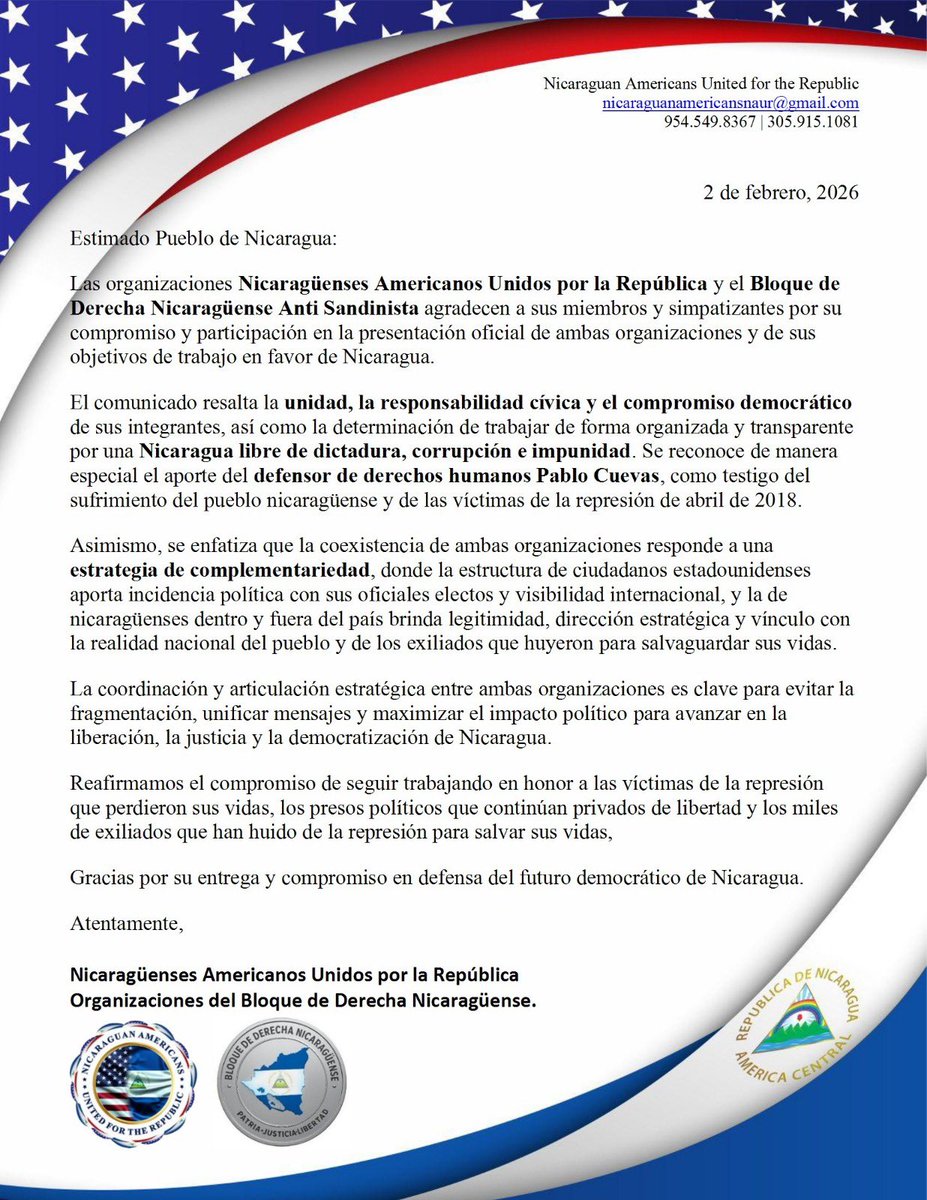 🚨📑| #agradecimiento por el apoyo brindado a la presentacion oficial de Nicaragüenses Americanos Unidos por la República y el Bloque de Derecha Nicaraguense, y el objetivo de nuestras peticiones a la administracion <a href="/POTUS/">President Donald J. Trump</a>, realizado, ayer domingo 1 de febrero, via zoom 🇺🇸🇳🇮