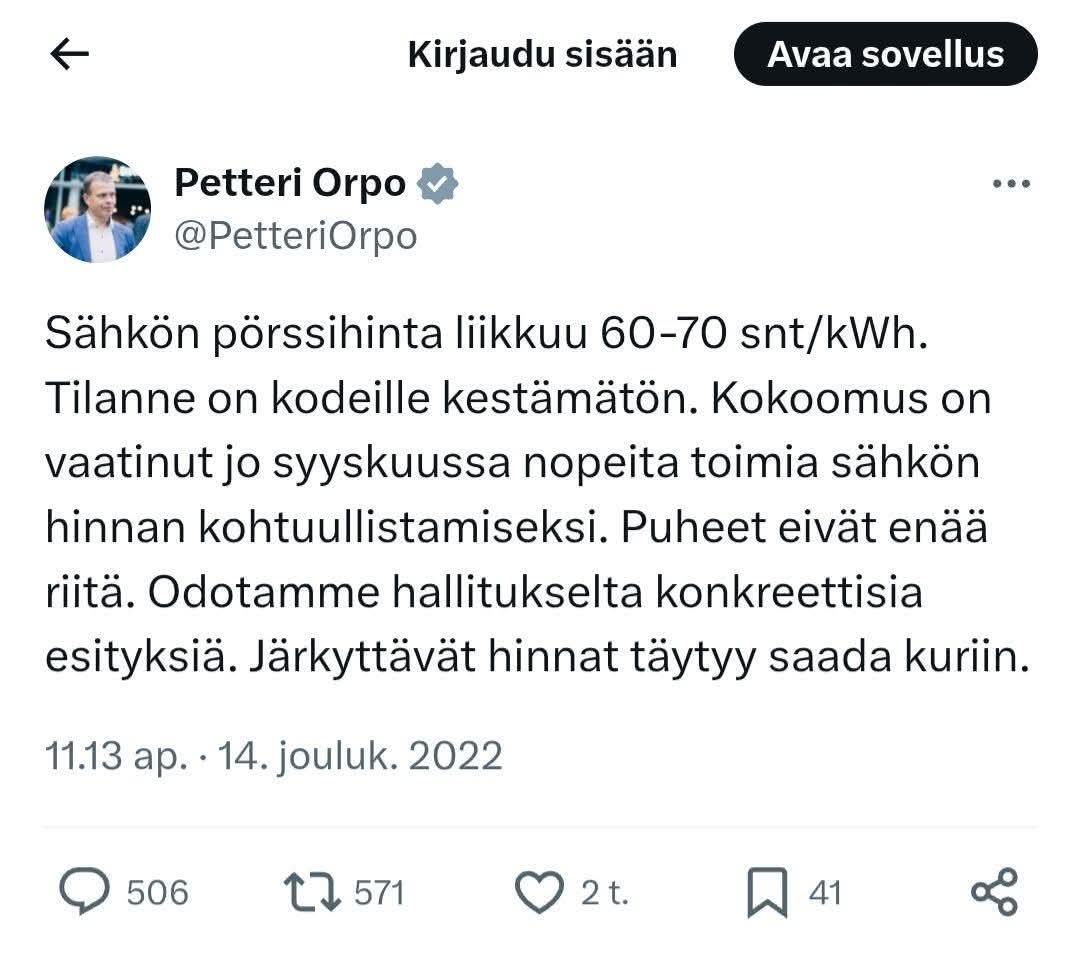 UndeadIndeed's tweet photo. Pörssisähkö huomenna 82snt/kWh klo 17.
Eipä ole @PetteriOrpo  ollut huolissaan! 

#PetteriOrpo #Kokoomus https://t.co/uTDNOHKOU2