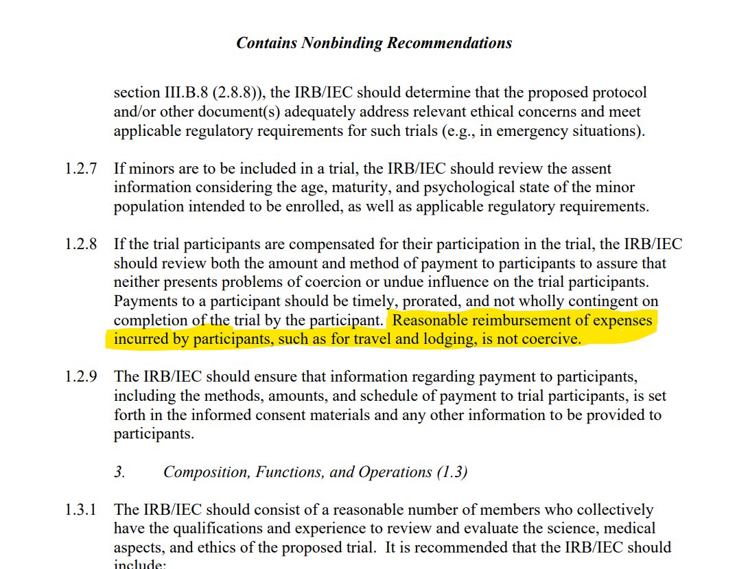 Diplomatt42's tweet photo. One of my personal crusades in clinical research is to get participants paid more. One of the problems is that IRBs view excessive payments as coercive. Some IRBs are so bad that the FDA literally added explicit guidance that reimbursement for lodging/travel is not coercive https://t.co/t4mwX1zRFE