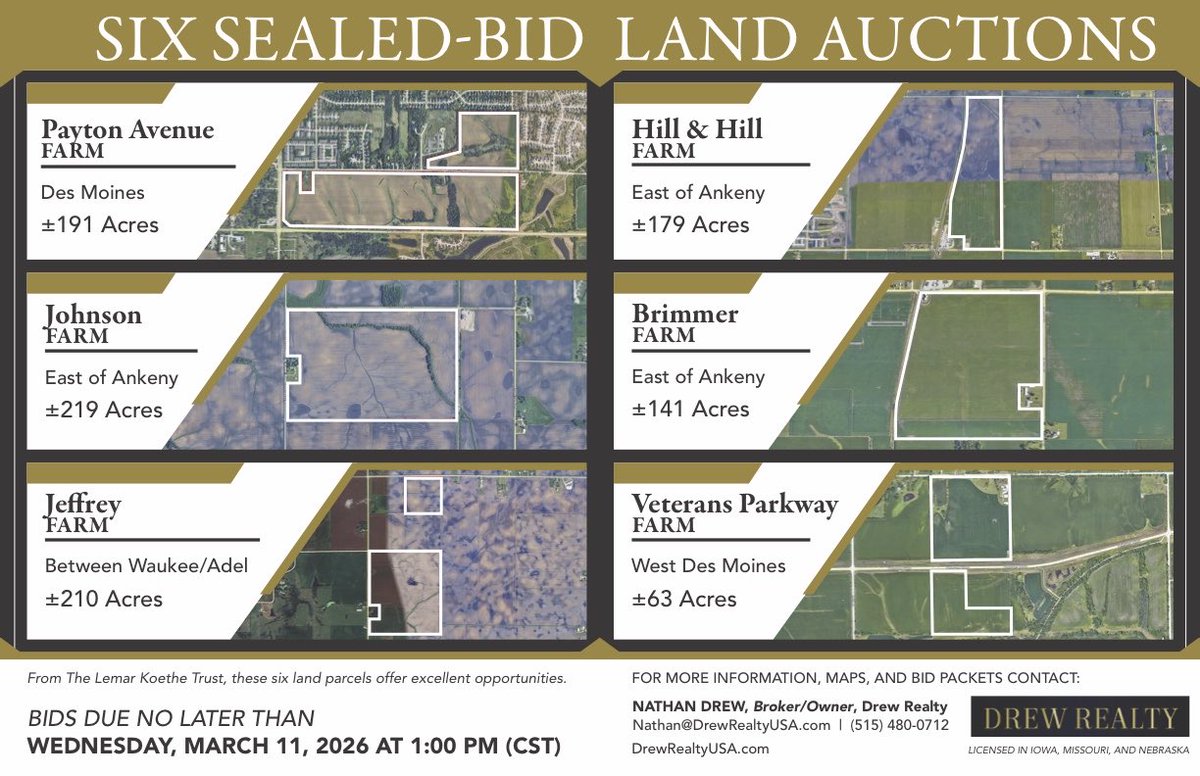 drewrealtyusa's tweet photo. Check out six sealed-bid auctions that I am conducting for the LeMar Koethe Estate!  Over 1,000 acres of future development land. Three east of Ankeny, one in West Des Moines, one west of Waukee, and one in SE Des Moines.  Bids due by 1 PM on 3/11/206!  Contact Nathan Drew! https://t.co/Dk8sbOcBQB