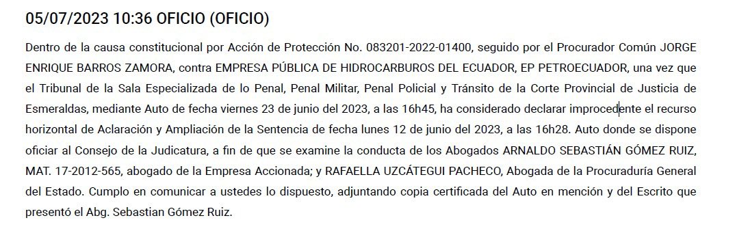 En el 2023, el Tribunal de la Corte Provincial de Esmeraldas buscó sancionarme por haber alegado en audiencia las irregularidades de este caso. Hoy, la <a href="/CorteConstEcu/">Corte Constitucional</a> ratificó lo alegado y declaró error inexcusable a quienes buscaron sancionarme.