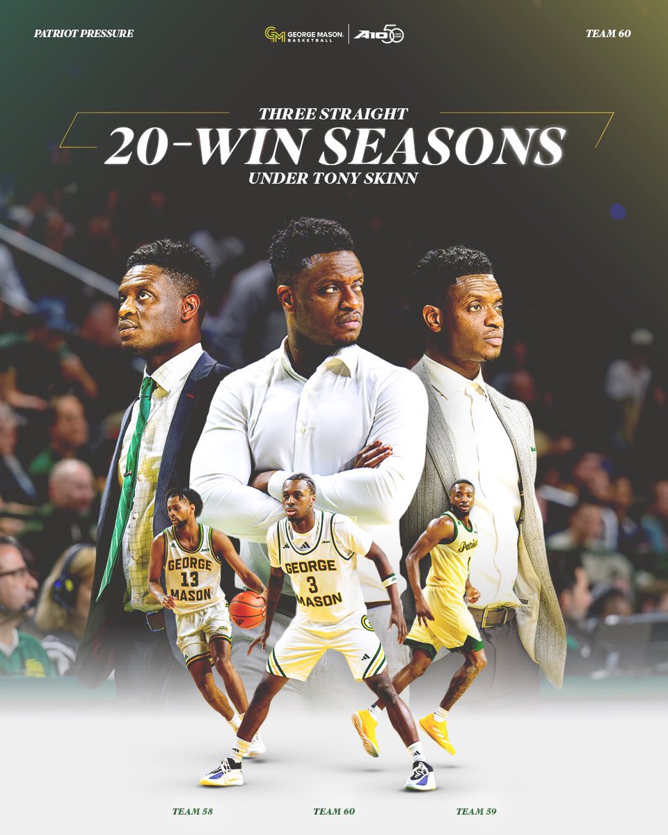 MasonMBB's tweet photo. 𝐈𝐧 𝐓𝐨𝐧𝐲 𝐖𝐞 𝐓𝐫𝐮𝐬𝐭 🫡

First Coach in school history to post three-straight 20+ win seasons. 

#PatriotPressure https://t.co/CUobuKCuom