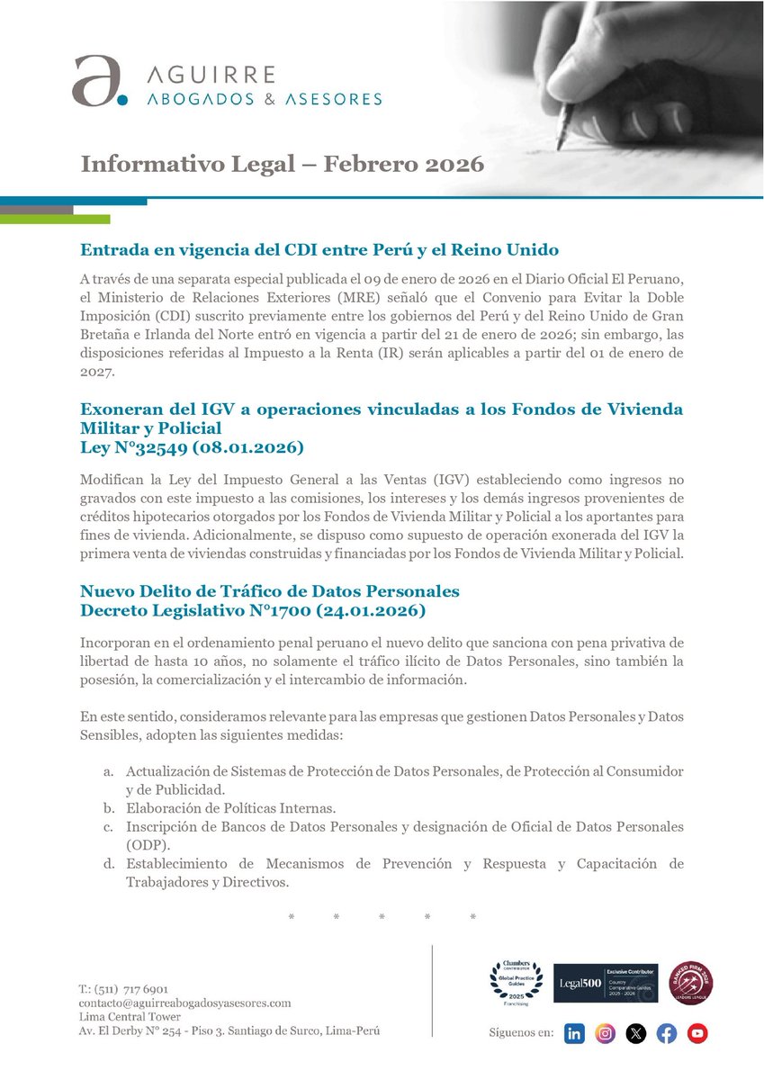 AAAabogados's tweet photo. Compartimos con ustedes nuestro Informativo Legal AAA Febrero – 2026, en el cual se encuentran las principales normas recientemente promulgadas.

Para mayor información sírvanse contactarnos a:
📩 sebastian.montes@aguirreabogadosyasesores.com
📞 (511) 717-6901. https://t.co/IlzSWADMaW