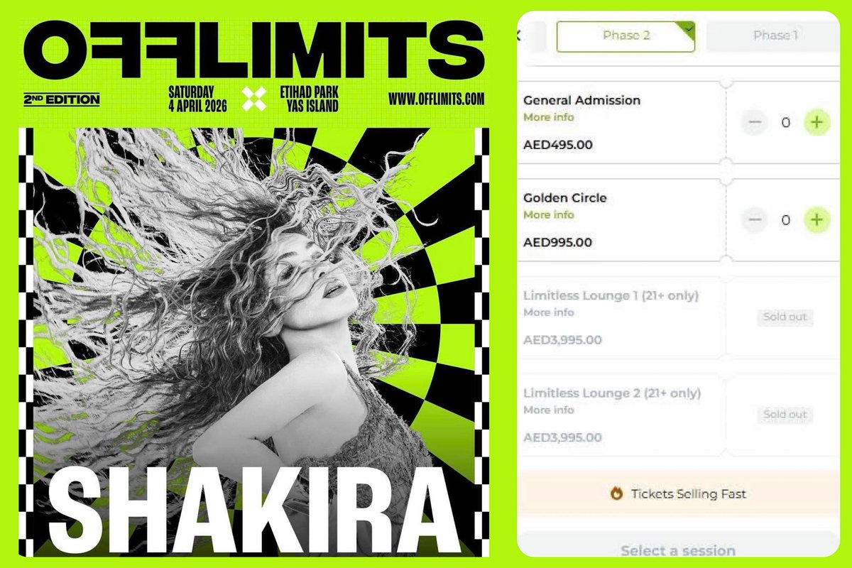lamanadamx_ofi's tweet photo. ¡Fase 2 SOLD OUT en tiempo récord!
Así es, en 48 horas @shakira agotó también la Fase 2 de los tickets VIP para su show en el OFF LIMITS de Abu Dhabi,
Emiratos Árabes Unidos.
#Shakira #OffLimits #AbuDhabi #SoldOut #lamanadamx https://t.co/FN0nJfoPb8