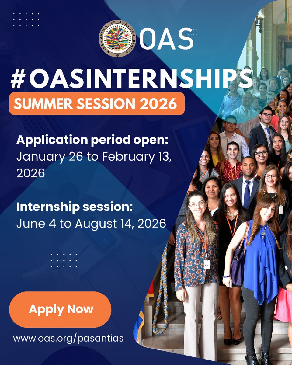 OAS_official's tweet photo. 🎓 Are you a student, a recent graduate, or a young professional?
🌍 Apply to the #OASInternship Program (in-person or virtual) in Washington DC and Member States Offices.
👉 https://t.co/7n3d52h1Wf
🗓️ Deadline: February 13, 2026 https://t.co/Xvps3yT3hB