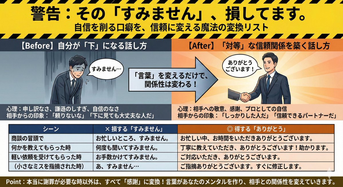 「すみません」禁止令。
​営業マン時代、これで印象が変わり、成績も劇的に変わった。
一時期これでもかってくらい｢すみません｣を多用してましたからね…不必要なとこでも。
で、結論は謝罪が必要な場面以外で「すみません」と言うのをやめて、「ありがとう」に変えるだけ。
​・忙しい中での商談