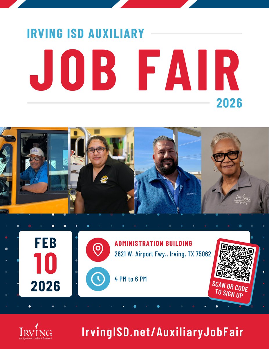 IrvingISD's tweet image. We’re officially back on the calendar! ⏰ The Irving ISD Auxiliary Job Fair has been rescheduled, and we’re just one week away. Join us for the opportunity to be part of #ExcellenceInAction by applying for positions in warehouse, custodial, food service, transportation,