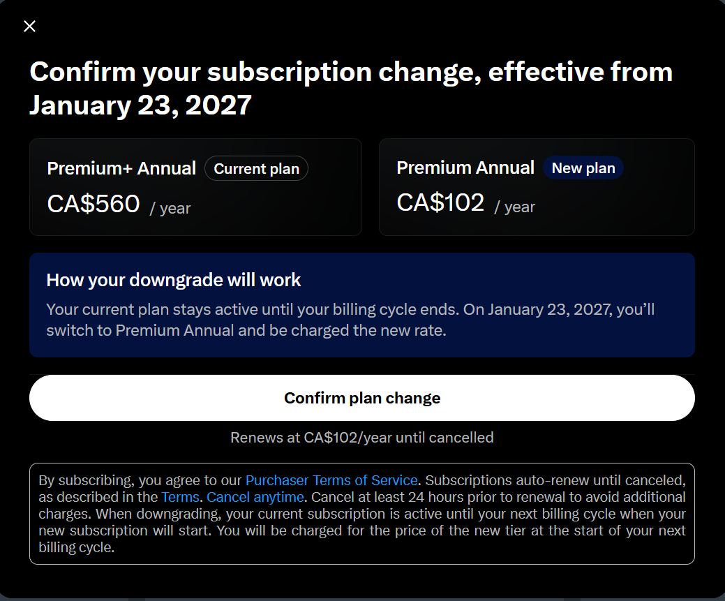 Noclue420's tweet photo. @premium @elonmusk After dozens of failed attempts trying to get help in DM's with Premium speaking with both Grok and a so called human, I don't know what else to do. X tried to bill my old Mastercard $560.00 for a plan that I only paid $220.50 for the last 2 years. I was not notified of this increase in cost ANYWHERE. Total scam. When I got an email saying payment didn't go through and for that amount I almost fell off my chair, like WTF! Then when I try to downgrade to Premium it won't let me and just gives me errors. See pic. Even worse I will now be locked into the $ 560.00 rate until next year? WTF? This is just wrong @elonmusk. So basically X is saying pay up bitch or loose years worth of saved data? So unprofessional and very shady! I only use Premium+ for 2 things, organizing bookmarks and Pro. What a joke! 🤬