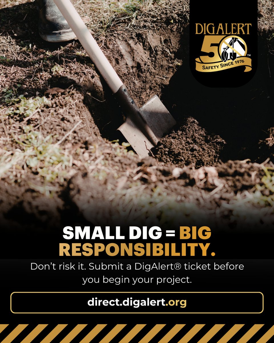 Planting, edging, or installing posts?

Even small digs can damage buried utility lines.

Submit your DigAlert® ticket before digging. It’s FREE! :direct.digalert.org 

#smalldigs #damageprevention #811awareness