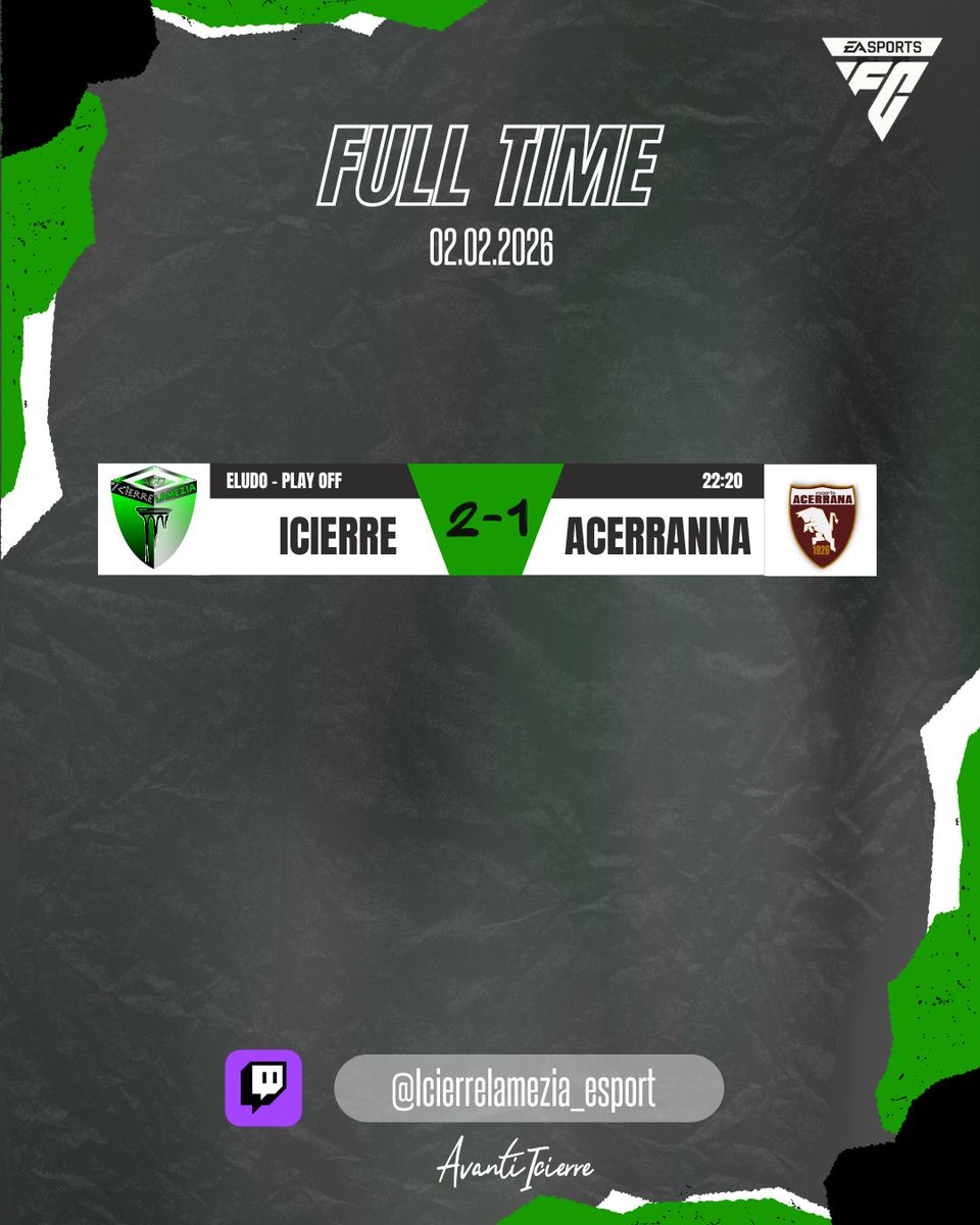 Icierre_Esport's tweet photo. 📢 | FULL TIME
📅| 02.02.2026
🏆| @eLUDO_official
🏟️| Ottavi di Finale Play-Off
✅| 2-1
⚽️| #Giampa
⚽️| #CoppolaR
👟| #Scalise
👟| #Recchia
🎖️| #CoppolaR
Testa ai QUARTI!!!
#AvantiIcierre📷💚🖤 https://t.co/Xtvjop8KMx