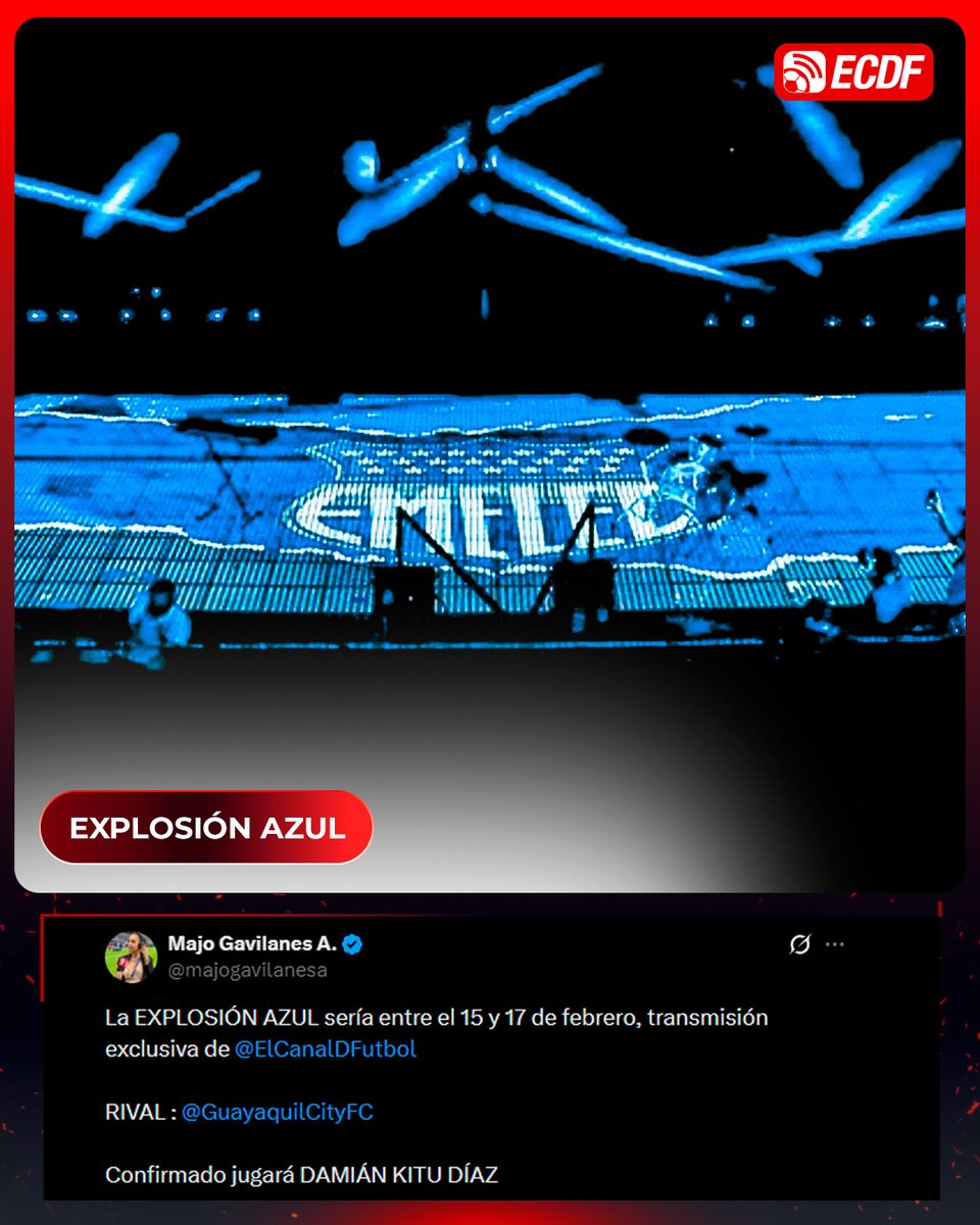 ElCanalDFutbol's tweet image. 🚨🔥 ¡EL FERIADO SE TERMINA EN EL CAPWELL! ⚡️💙

📌 @majogavilanesa informa que la #ExplosionAzul sería entre el 15 y 17 de febrero en exclusiva por #ECDF

🔟🐐 Además, asegura que Damián 'El Kitu' Díaz SÍ jugará ante el 'Bombillo'