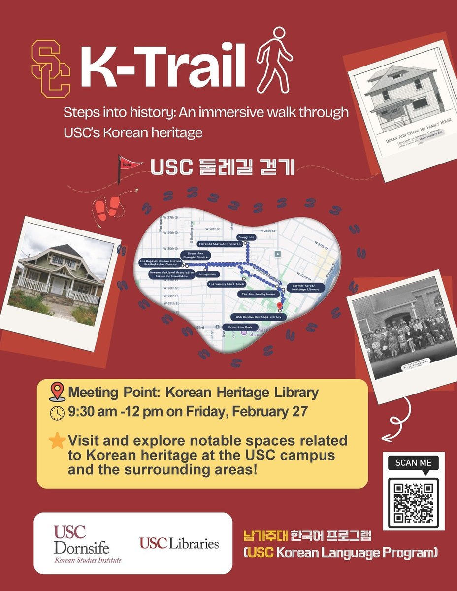 USCKSI's tweet photo. Step into history with K-Trail! 👣
An immersive walk through USC’s Korean heritage 
📍 Korean Heritage Library
🗓️ Feb 27 | 9:30 AM–12 PM
#KTrail #USC #USCKSI https://t.co/kWxPPKmLEH