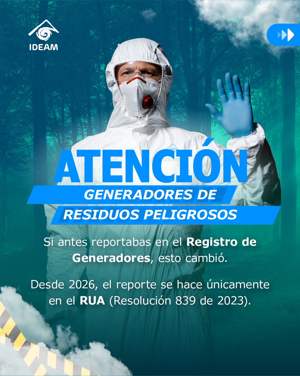 IDEAMColombia's tweet photo. ⚠️ #Atención generadores de #ResiduosPeligrosos
Desde 2026 el reporte ya NO se hace en el Registro de Generadores.
Ahora debes hacerlo únicamente en el #RUA.

Evita sanciones y cumple a tiempo.
Consulta y reporta aquí 👉 https://t.co/qjdWLQXe39

#IDEAM #GestiónAmbiental #RESPEL https://t.co/CIO0rOFtFH