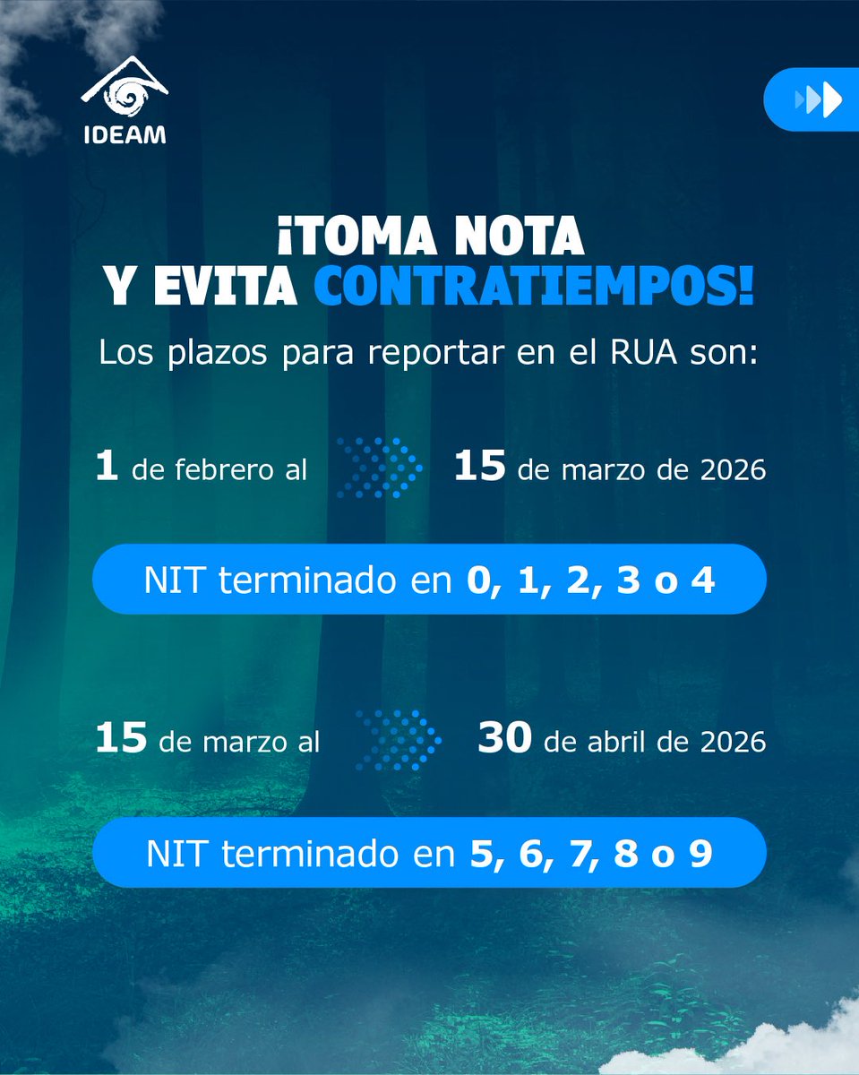IDEAMColombia's tweet photo. ⚠️ #Atención generadores de #ResiduosPeligrosos
Desde 2026 el reporte ya NO se hace en el Registro de Generadores.
Ahora debes hacerlo únicamente en el #RUA.

Evita sanciones y cumple a tiempo.
Consulta y reporta aquí 👉 https://t.co/qjdWLQXe39

#IDEAM #GestiónAmbiental #RESPEL https://t.co/CIO0rOFtFH