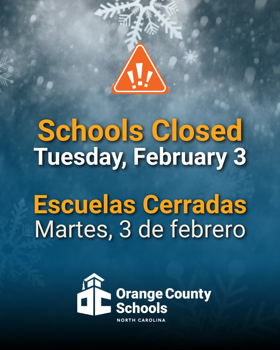 OrangeCoSchools's tweet image. ❄️Schools Closed❄️ All OCS schools and facilities will be closed on Tuesday, February 3. 
➡️See district message regarding inclement weather at bit.ly/4rxuFFg
➡️Weather Readiness: bit.ly/4q6X0kEKeep staying safe out there! #OrangeCountyFirst