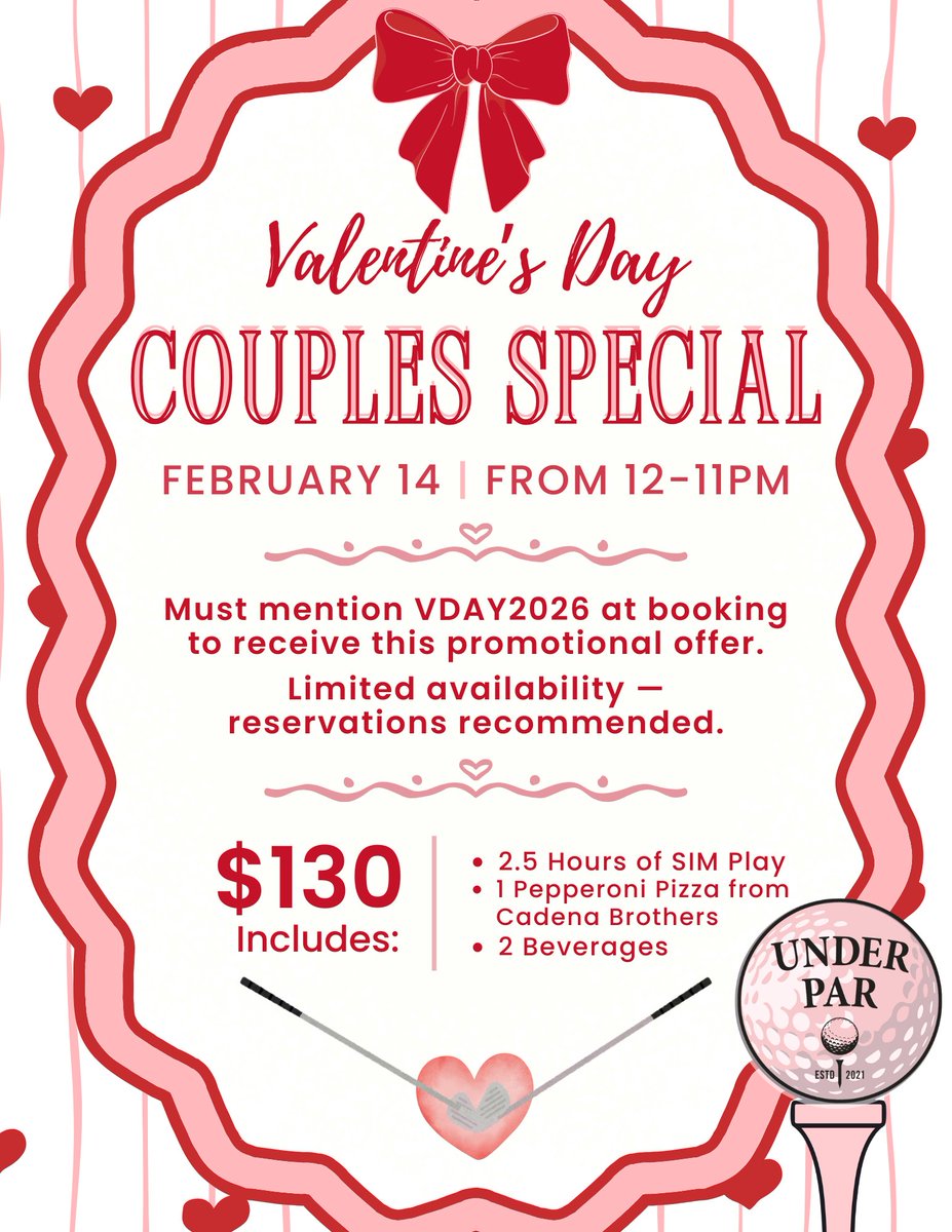 UnderParMkg's tweet photo. ❤️⛳ Celebrate Valentine’s Day at Under Par with our Couples Special on February 14 from 12–11PM! Enjoy 2.5 hours of SIM play, one pepperoni pizza, &amp; 2 beverages for just $130. 🍕🍹
Must mention VDAY2026 at booking to receive this promotional offer. 

https://t.co/lCKGtAuCCa https://t.co/yaXnPzF2Cx
