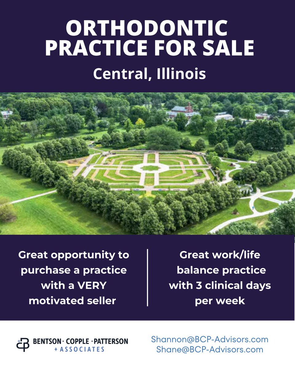 Orthodontic Practice for Sale: Central, IL

- Great opportunity to purchase a practice with a VERY motivated seller
- Great work/life balance practice with 3 clinical days per week

Learn more:
Shannon Patterson – shannon@bcp-advisors.com
Shane Burden – shane@bcp-advisors.com