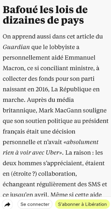 SeraphineMoreau's tweet photo. @BENALIBrahim20 @humanite_fr 2- C'est aussi un scandale politique . 
Un ministre de l'économie (Emmanuel Macron) ouvre un marché à une entreprise étrangère (UBER), au mépris de la loi ; en récompense, le lobbyiste en chef de la boîte bosse gratos pour sa campagne présidentielle...
https://t.co/Kl0umJRmwc https://t.co/yRUEVM2bFa