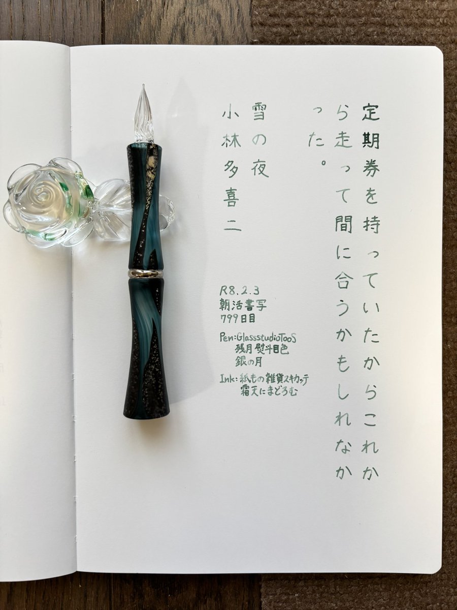 お題ありがとうございます。
毎日寒いです😬年々、寒さに弱くなっていっているような…⛄️
#朝活書写 
#朝活書写_2307 
#ガラスペン 
ペン：GlassStudioTooS 残月 熨斗目色 銀の月
インク：紙もの雑貨スキカッテ 霜天にまどろむ
