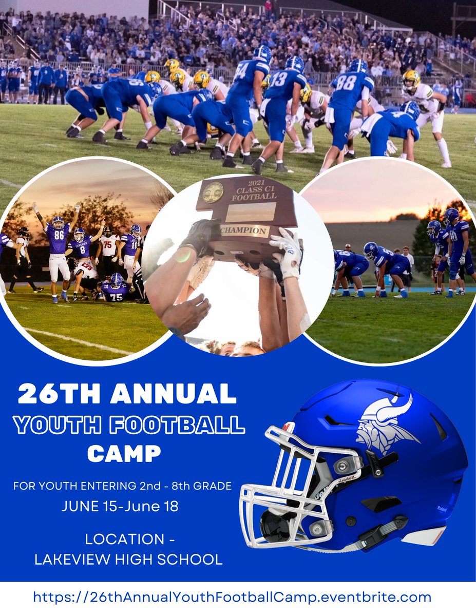 Coach_Frenzen's tweet photo. Registration for the 26th Annual Youth Football Camp is now open!  Click on the link below and sign up today! #lakeviewvikes #threecheers https://t.co/dznPGW7LZ2 https://t.co/llMCb8sRnl