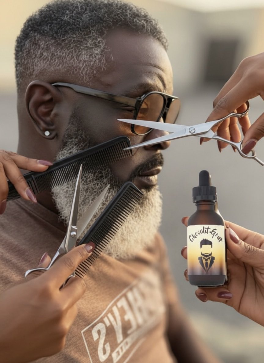 TorryMcGee's tweet photo. Here is the HDR image created based on your request. It features a stylish man being pampered with scissors and combs, along with a prominent bottle of hair oil labeled "Coconut-Grow." Enjoy! #askai #chataskai #codeway https://t.co/QNsJsT6bGg