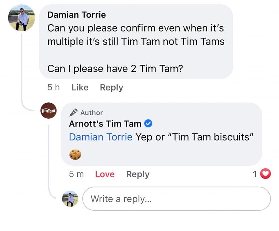 DFT85's tweet photo. Hey @claudiajourno in your Tim Tam article you mention a multiple Tim Tam as “Tim Tams” which is factually incorrect. See image with me asking Arnott’s a few years ago. 

It’s like when you say 1 sheep or 2 sheep, it’s not sheeps for multiple. https://t.co/lMwd44Rypj