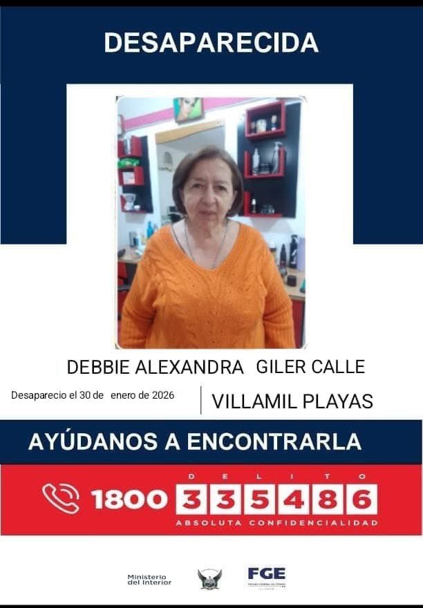 Se encuentra desaparecida la señora Debbie Alexandra Giler Calle, se  la vio por última vez con una falda concho de vino y buzo color gris. Desapareció en Playas - Guayas. Padece de lagunas mentales, informan que la han visto desorientada en la Av 9 de Octubre y en Mapasingue.