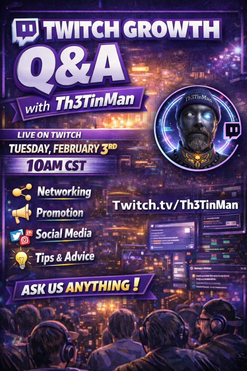 Join us tomorrow! 
#TwitchStreamers #twitchgrowth #streamingtips #twitchclips #twitchaffiliate #TwitchPartner