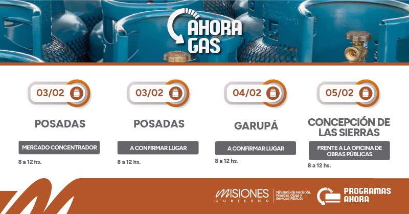 Compartimos el cronograma semanal del programa provincial #AhoraGas. La recarga de garrafas de 10 kg vale $11.500. 

👨🏼‍💻 Consultá más detalles en nuestra web ahora.misiones.gob.ar. 

#ProgramasAhora