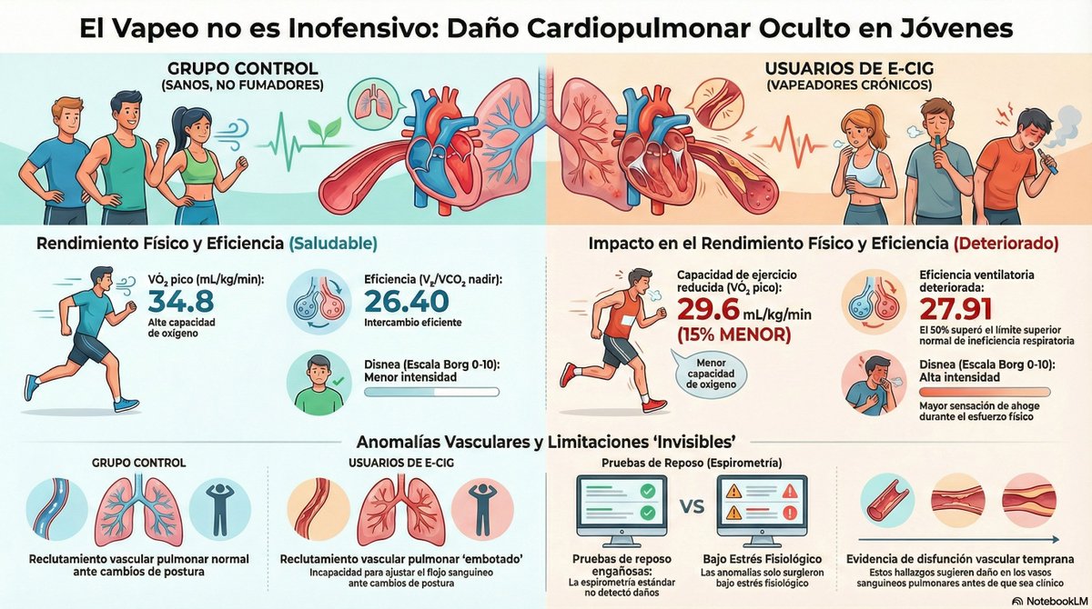mcpachecog's tweet photo. Vapear y su peligro🚭 Nueva publicación en CHEST jóvenes sanos que usan cigarrillo electrónico regular presentan anomalías de riesgo en corazón y pulmones. El daño sale a la luz al hacer ejercicio. Menos resistencia, falta de aire y daño vascular oculto. https://t.co/lMouS8bckZ https://t.co/I3XPxmnaAI