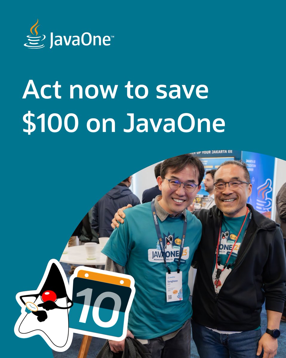 Early pricing for #JavaOne ends at 11:59 p.m. PST on Feb. 9! 🕐 

Secure your pass today so you don't miss visionary keynotes from the Java team, focused tracks covering Core Java to AI/ML, the exciting JavaOne Pavilion, and so much more. social.ora.cl/6016hEe98