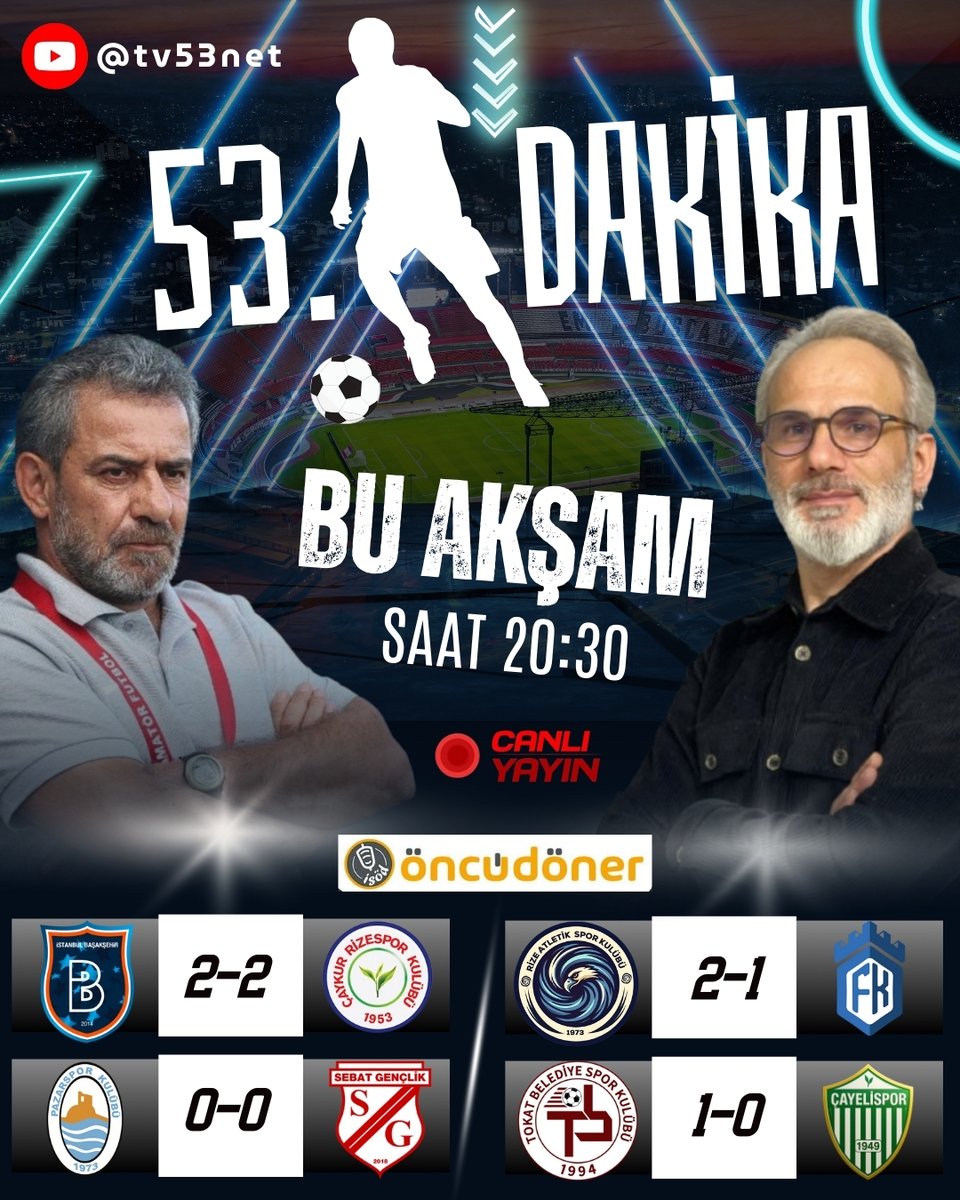 Rize futbolunun konuşulacağı 53. Dakika, Çaykur Rizespor'un Beyeoğlu Yeni Çarşı ile oynayacağı Kupa maçının hemen ardından Tv53'de...
Canlı Yayın Linki; youtube.com/watch?v=lNwQ1P…