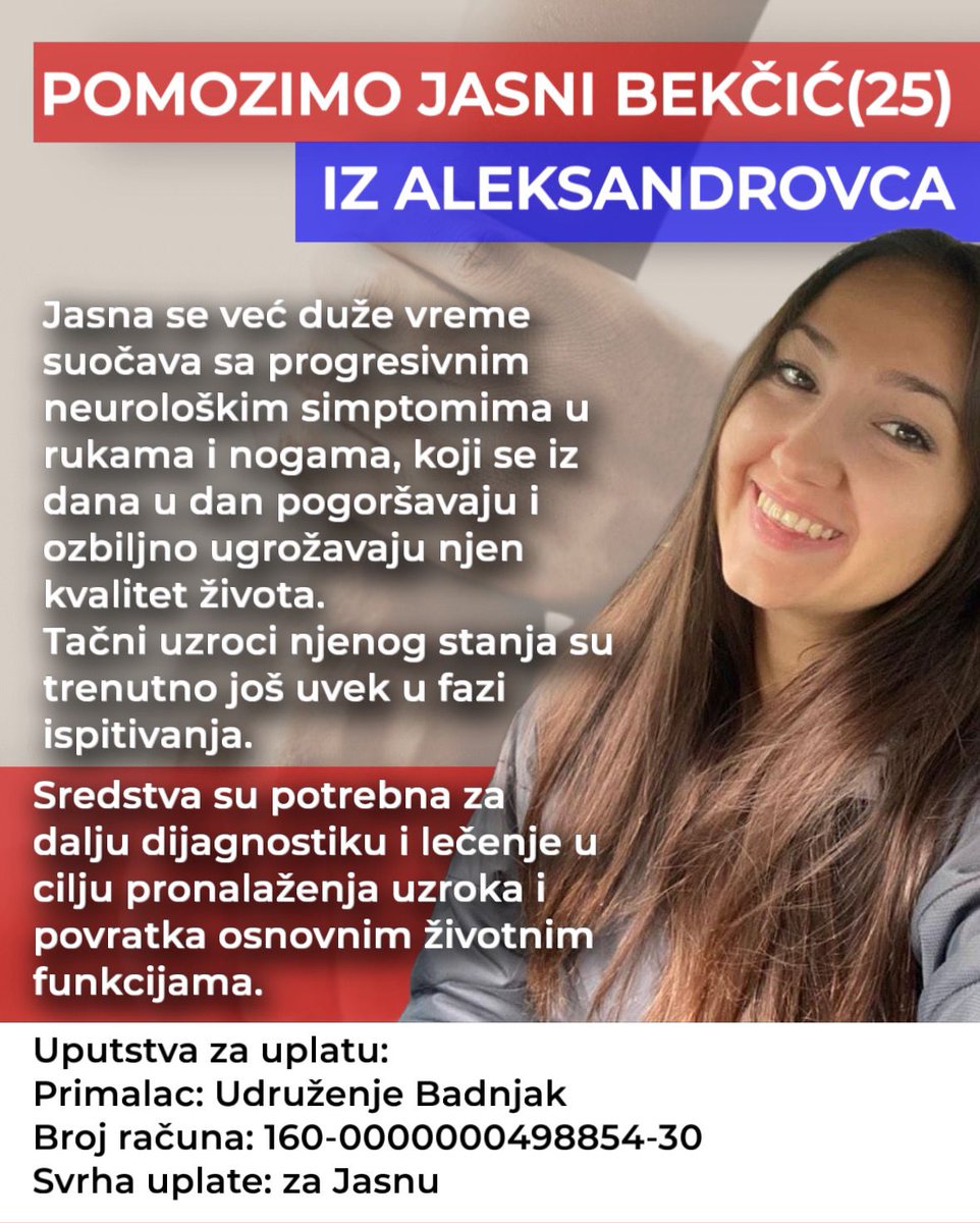 Прикупљена средства биће намењема за специјалистичке прегледе, могуће оперативне захвате и рехабилитацију.

Пружимо Јасни шансу да поврати  самосталност и квалитетан, нормалан живот.❤️