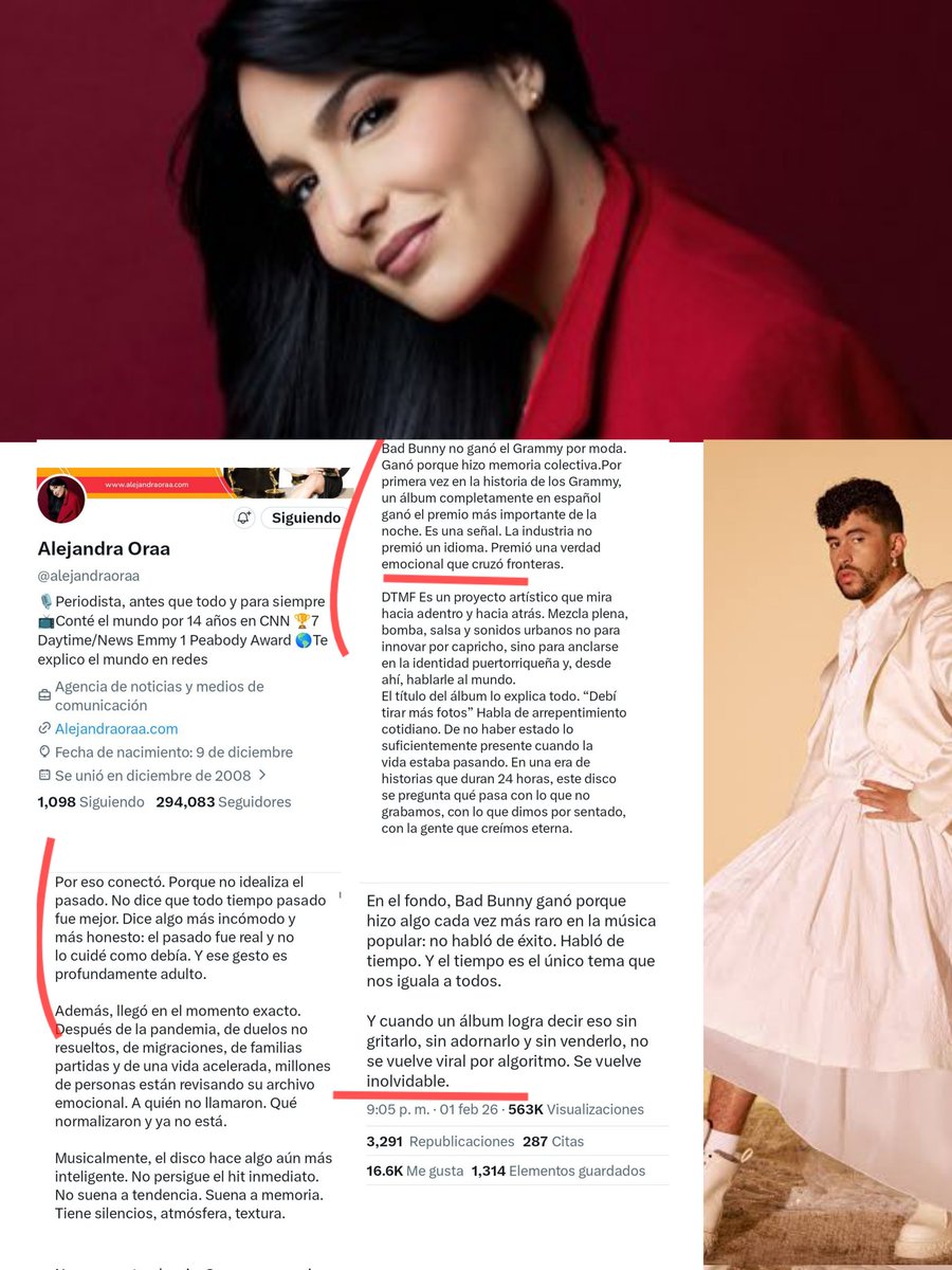 vivassantanaj_'s tweet photo. ¡Ante su "amor" por Bad Bunny! A la periodista venezolana Alejandra Oraa -@alejandraoraa:

Como profesor de las áreas de ciencias sociales y lengua y literatura, y como educador de geopolitica latinoamericana, me veo en la obligación de responder sus mentiras, que la colocan al nivel de Carlos Montero - también periodista ex CNN-. 

Resulta insólito que alguien que dice haber luchado por la democracia y la libertad de Venezuela, justifique el "Grammy" de un esperpento cultural como "Bad Bunny", cuyo único logro ha sido tener éxito con su laceria de seudo letras musicales, que solo perturban nuestras sociedades, y peor, nuestra juventud, incluyendo niños y adolescentes.

Así, al afirmar que el "Bad Bunny" ganó semejante "premio" por "memoria colectiva" ¿A qué se refiere? O es que debería hacer públicas en estas letras los mensajes de promiscuidad sexual y ofensas a las mujeres como si fueran un objeto de falocracia e insania desnuda entre las sábanas, solo que según muchos de los metamensajes de las letras de Bad Bunny, serían como una especie de  orgías posmodernas, donde una sola mujer sea la carne de varios hombres en la misma cama, típicos de los mensajes del "cantante" en un contexto de eso que usted "define" como "verdad emocional", para justificar la destrucción del idioma, por cierto, de manera muy eufemística, al caracterizar que "la industria no premió un idioma". O sea, implícitamente reconoce que no son precisamente las letras por lo que se obtiene un "Grammy", sino por la bazofia cultural que destilan los mensajes del "ganador".

Si lo anterior, ya fuera una morigerada "introducción", su aflicción por el anti-hablista Bad Bunny es llevado al icono de de un "numen musical", cuando lo sintetiza como "proyecto artístico" de identidad puertorriqueña, que por supuesto, al ser "proyecto", usted estiliza la jitanjáfora del "contenido musical", y deja por extensión que Bad Bunny con sus "letras, música y conducta" tiene el mejor ejemplo con "semejante proyecto" de "hablarle al mundo".

Lo más degradante de su escrito, resulta en decir que el "cantante" no cuidó el pasado cómo debía, para mencionar los supuestos problemas "latinoamericanos" que estarían en la germania musical de Bad Bunny. Y aquí viene una analogia ¿Cuándo Bad Bunny públicamente antes, durante y después del Covid-19 mencionó públicamente y fuera de sus "conciertos" o dentro de ellos, alguna critica por los desmanes y quillotranzas de los latinoamericanos,  sumidos en pobreza, migraciones y dictaduras como las de Venezuela, Cuba o Nicaragua? Es obvio, que su mensaje en ese contexto, es otra ficción para justificar el ludibrio hacia el idioma de cada interpretación de Bad Bunny, por no reiterar su significado por las mujeres.

Por último, usted señala que el "álbum" de tal individuo se vuelve "inolvidable". Acepto que sus locomociones por Bad Bunny agiten su ecuador y la oscura homogeneidad geométrica de su retaguardia, lo que Bad Bunny llama en cuatro letras en sus "inolvidables mensajes" a nuestras mujeres, como si fueran sus eternas giróvagas en posicionamientos de sodomía pasiva, o sea, eso que, según usted lo dice sin "adornarlo y sin venderlo", y que usted, aparece con su faramalla de hacerlo ver cómo un procer cultural de la identidad latinoamericana.

Licenciada Oraa, su estólido escrito es otra cirigaña, en este caso, "periodistica" que nada le envidia a los que como Bad Bunny han apoyado las neodictaduras de nuestros pueblos con su afasia, que ahora, usted intenta hacerlo ver cómo un "libertario musical". 

Su escrito queda como un perismo, seudo periodístico, al cual, solo le falta colocar las letras de Bad Bunny al nivel de Andrés Bello, Arturo Uslar Pietri, o Gabriel García Márquez.

Javier Vivas Santana
