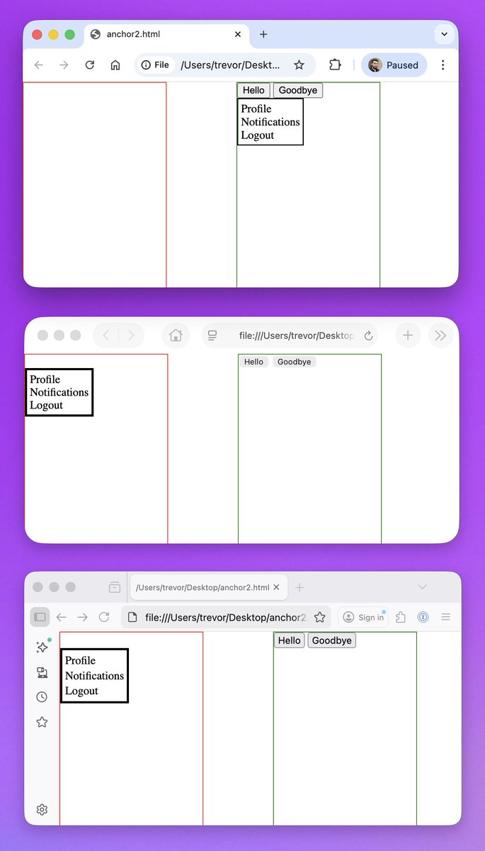 Does anyone know how to get CSS Anchor Positioning to work with a transformed parent?

The green box has translate: 300px 0px; but Safari and Firefox ignore the translation for the anchored ul 🫠

#webdev #safari #firefox