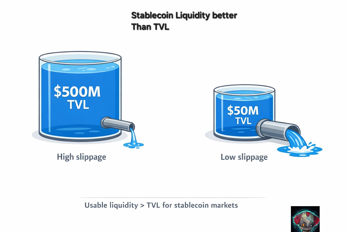 ABello4sure's tweet photo. Why Stablecoin Liquidity Matters More Than TVL

In DeFi, we’re trained to chase TVL.
A protocol with $500M locked feels better than one with $50M
For stablecoins, that assumption is often wrong