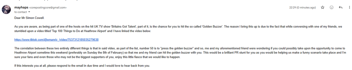 emailed simon cowell in a fit of joy this evening