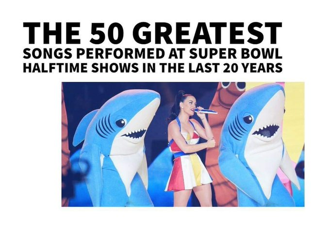 TheExtremeMusi1's tweet photo. It's #SuperBowl night, so you'll need a soundtrack for your #SBLV party. Here's The 50 Greatest Songs Performed at Super Bowl Halftime Shows in the Last 20 Years: https://t.co/SDcD1Bzc3n
Listen to the full playlist on Spotify: https://t.co/D1NJXUnNxX
(credit to @ConorRoden) https://t.co/uz9u9h44UB