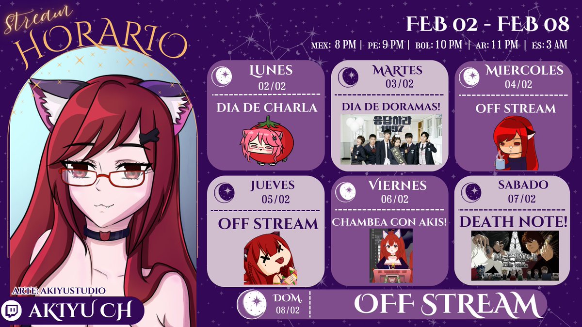 AkiYuStudio's tweet photo. ๐
Horario Semanal! ๐
ใ02/02 - 08/02ใ
Esta semanita vamos a estar jugando DeathNote con los ganadores de la riffa que se realizo, arte y doramas, que mรกs se puede pedir a la vida :3 ๐จ๐จ๐ฌ๐ฌ
#AkiYuArts #AkiYuClips #AkiYuVT #VtuberES #twitch https://t.co/we3KYSNtFW