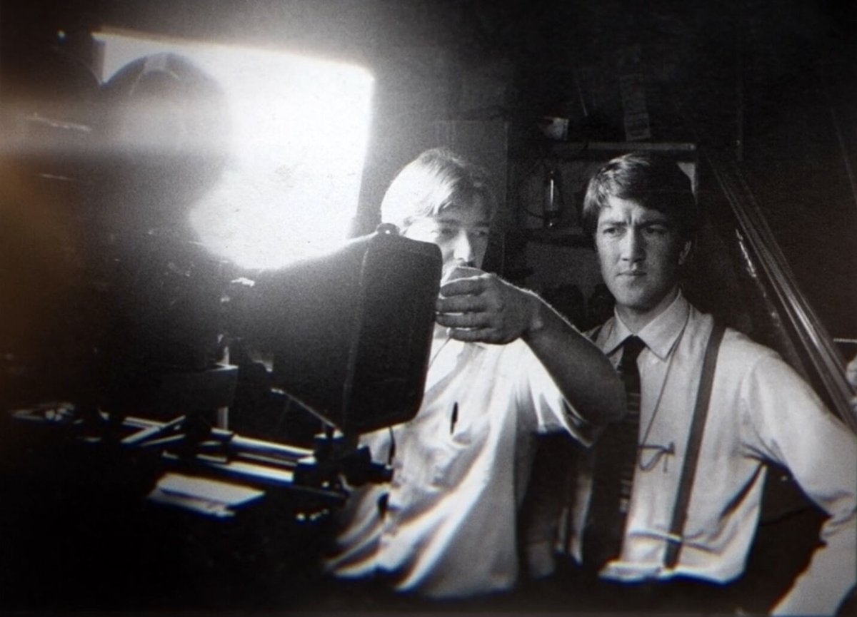 David Lynch in his late 20s working on Eraserhead with Fred Elmes in a rare behind the scenes moment captured by Catherine Coulson.