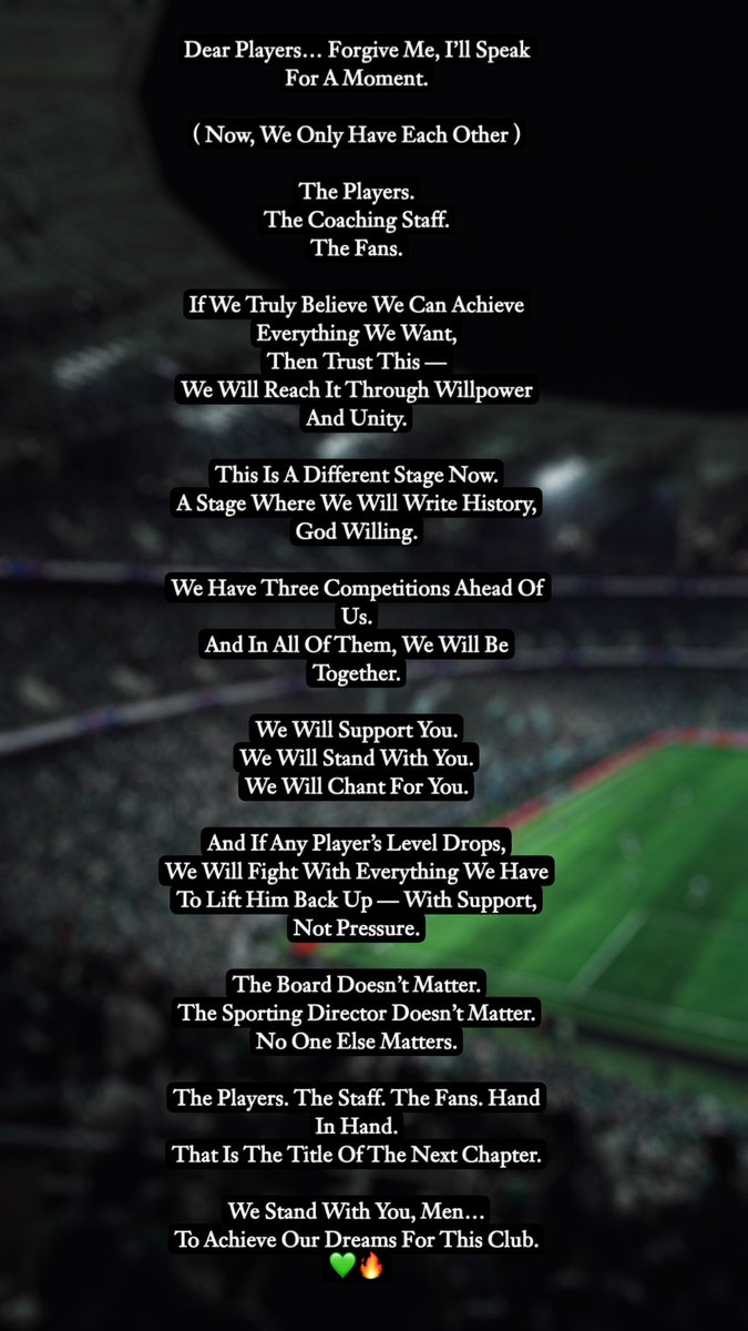 A message everyone must read .. and make sure the players read it. 💚
<a href="/edou_mendy_/">Edouard Mendy</a> , <a href="/ivantoney24/">Ivan Toney</a> , <a href="/Merihdemiral/">Merih Demiral</a> 
<a href="/ibanez41oficial/">Roger Ibañez</a> , <a href="/EnzoMillot/">Enzo Millot</a>  , <a href="/Mahrez22/">Riyad Mahrez</a> ، <a href="/w_galeno90/">w_galeno</a>