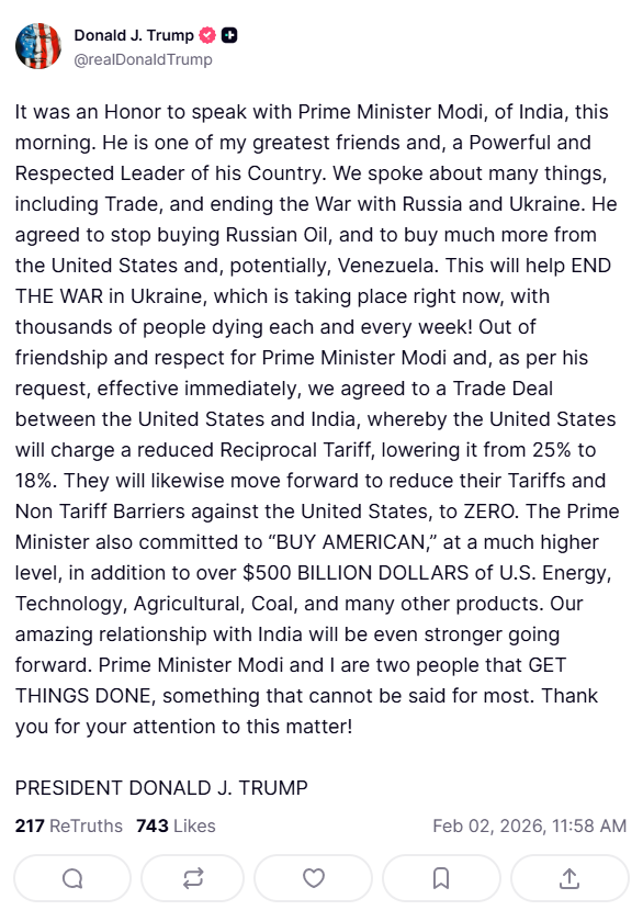 BREAKING🚨🚨🚨🚨: Trump says US and India agree to trade deal to lower tariffs, with Prime Minister Modi agreeing to spend $500 billion on US products and to stop buying Russian oil