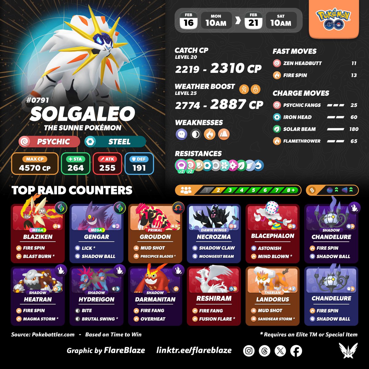 FlareblazeA's tweet image. The Sunne Pokémon #Solgaleo will be returning to Raids this Monday in #PokemonGO

🗓️ Mon, 16th Feb at 10am - Sat, 21st Feb at 10am Local
☀️ Great opportunity to get spare Solgaleo to fuse with Necrozma 
❌ And Solgaleo CANNOT be Shiny! 

#PokemonGORaids