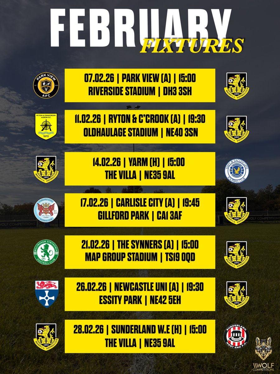 A busy month, with 5 out of 7 on the road 🚗

Kicking off the month travelling to <a href="/ParkViewAFC/">Park View AFC</a>, ending by hosting <a href="/Westend_FC/">Sunderland West End FC</a>! 

We have 5 league fixtures, with 2 cup games of <a href="/CarlisleCityFC/">Carlisle City FC Official</a> &amp; <a href="/NewcastleUniAFC/">NUAFC</a> away from home.

#BoldonCA | 💡- <a href="/nbsfc2018/">Newcastle Blue Star FC</a>