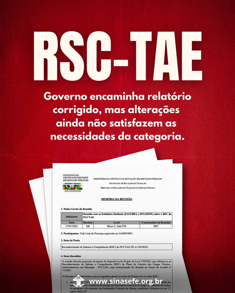 Carreira TAE | Acordos de Greve | Governo Federal enviou ao SINASEFE o relatório da reunião de 27/01, que debateu o RSC-TAE.

Veja o relatório completo e as críticas do sindicato em nosso portal: sinasefe.org.br/site/governo-e….