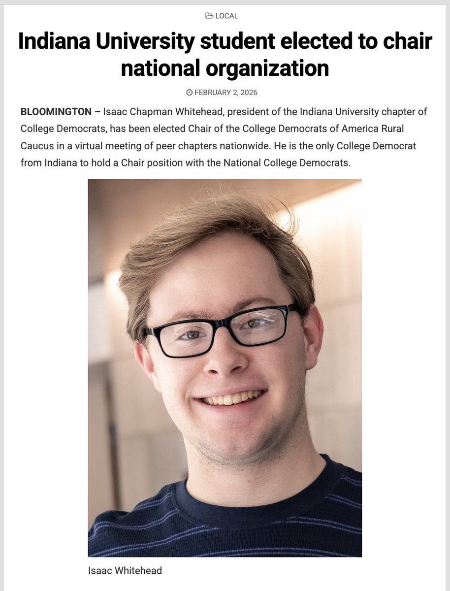 CollegeDemsIN's tweet photo. Look who's in the news! IU's very own Isaac Chapman-Whitehead was recently elected as the @CollegeDems's Rural Caucus Chair. Congratulations, Isaac! We're so lucky to have Hoosier representation on the national level.  

Read about it here:
https://t.co/zxwuarJ1IB https://t.co/oNCuHI5rYO