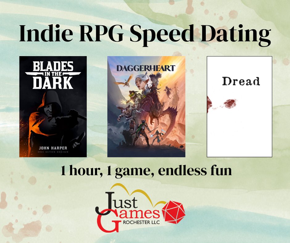 justgamesroc's tweet photo. Indie RPG Speed Dating happens this February 14 - bring your sweetie, and play some sweet RPGs!

https://t.co/h3plj5z2hU https://t.co/GtDWlPt5gn
